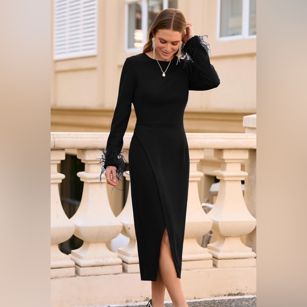 NWT- PRETTYGARDEN Feather Long Sleeve Formal Bodycon- Wrap Slit Cocktail Dress - Picture 7 of 16